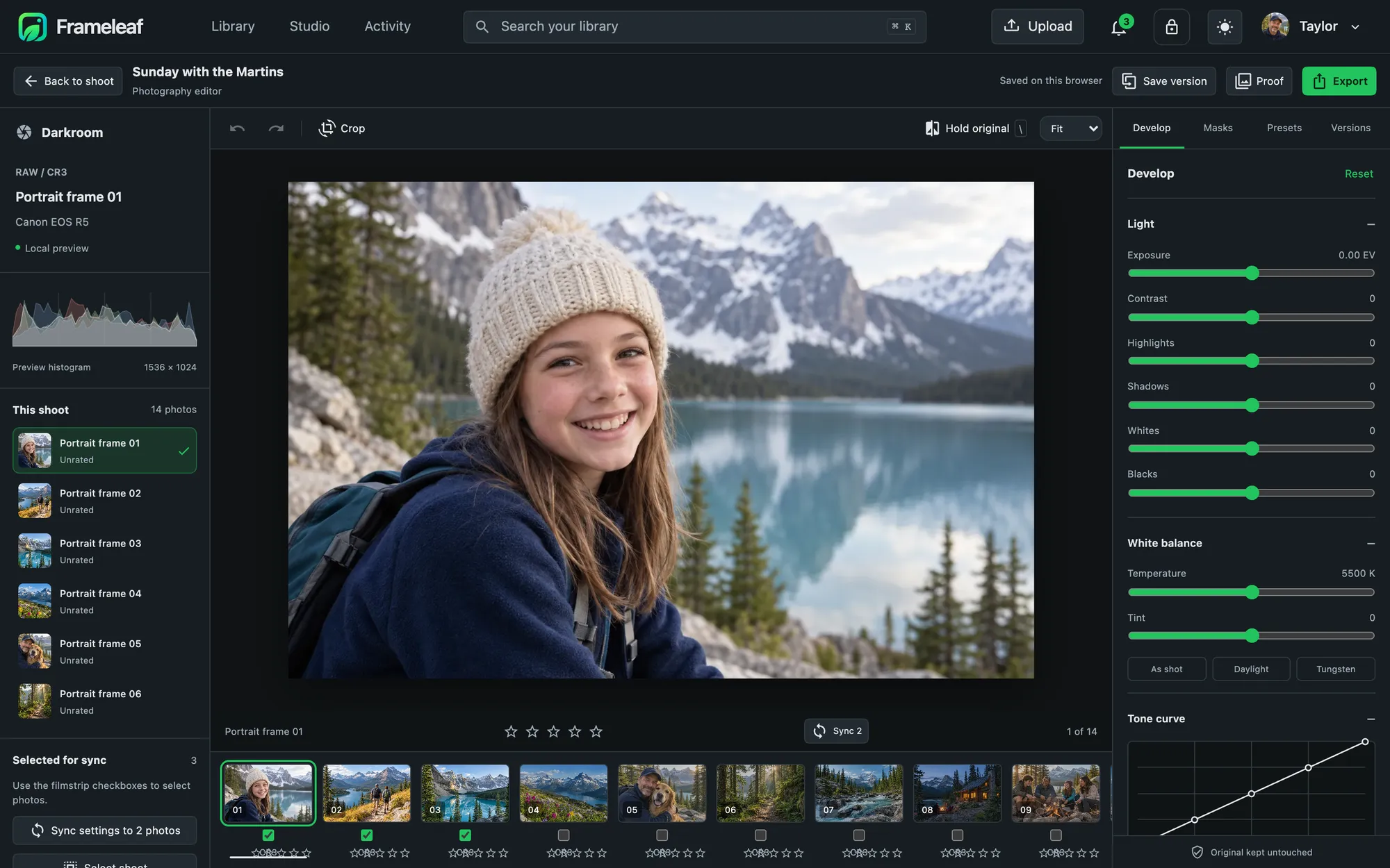 The RAW editor with develop controls and a tone curve
