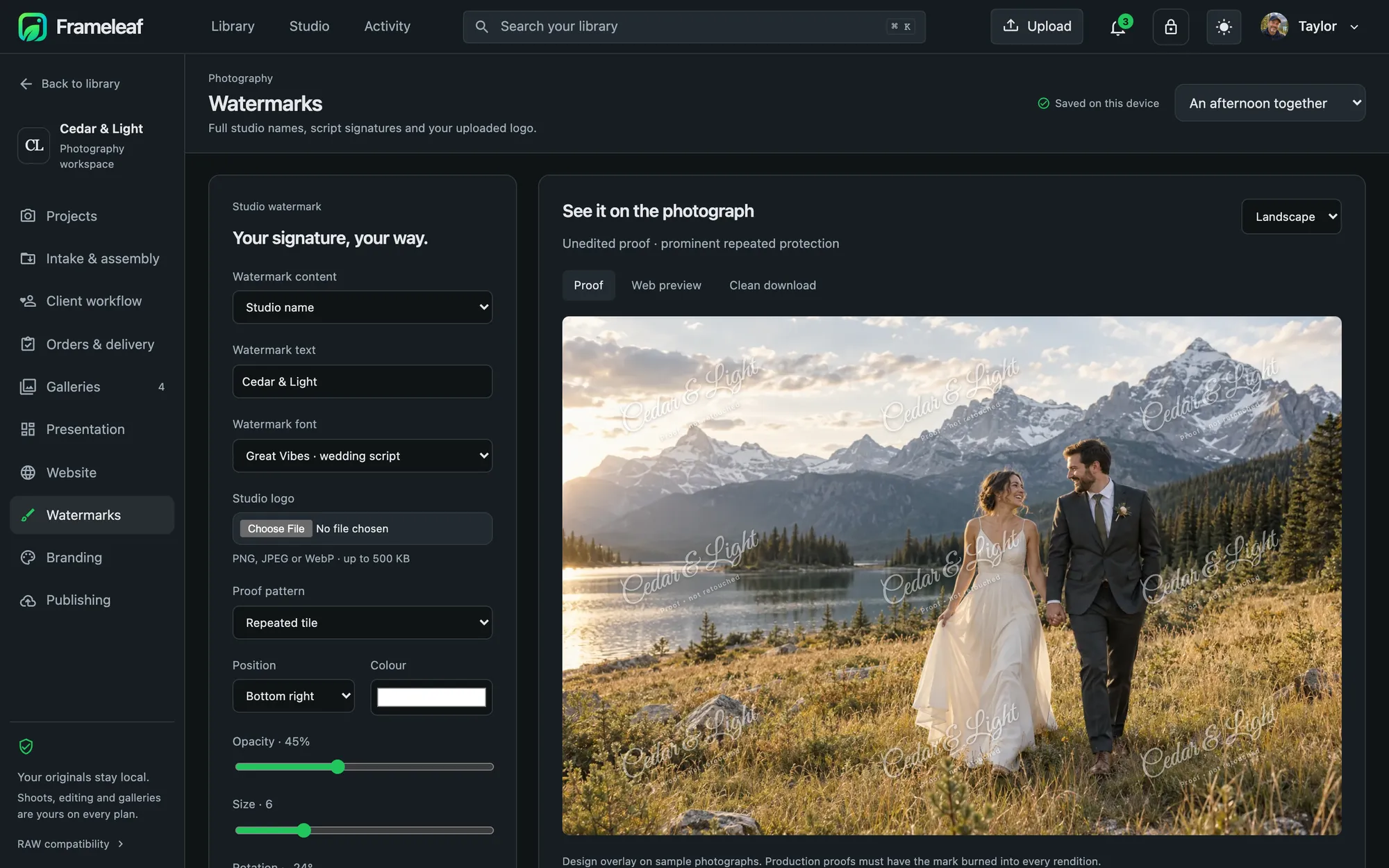 Watermark editor with a script signature over a wedding photograph