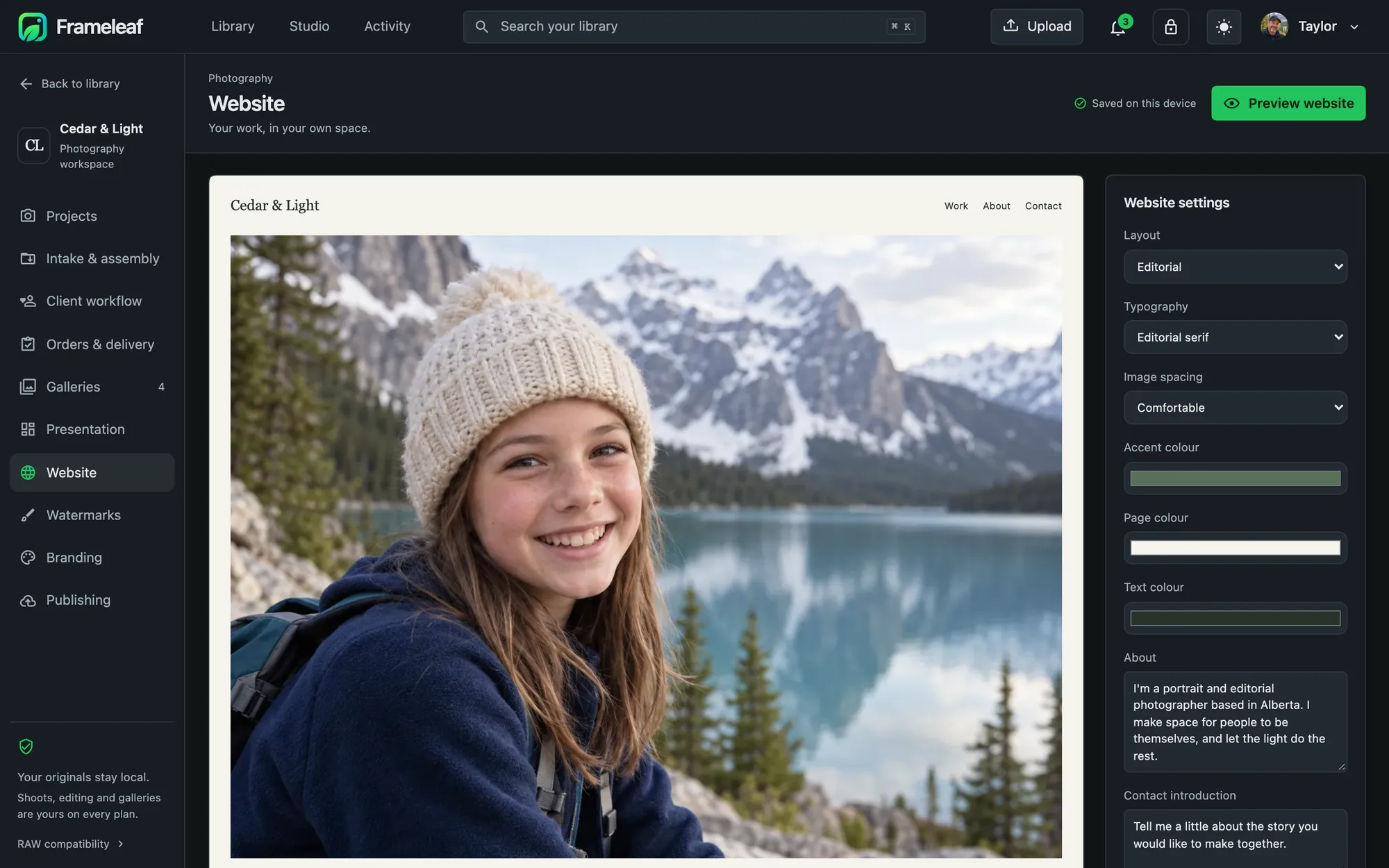 Website settings beside a live preview