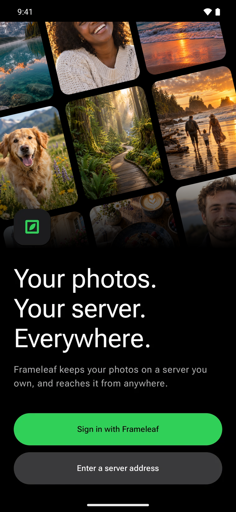 Frameleaf welcome screen on Android