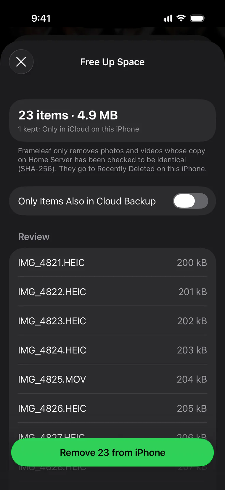 Free Up Space screen