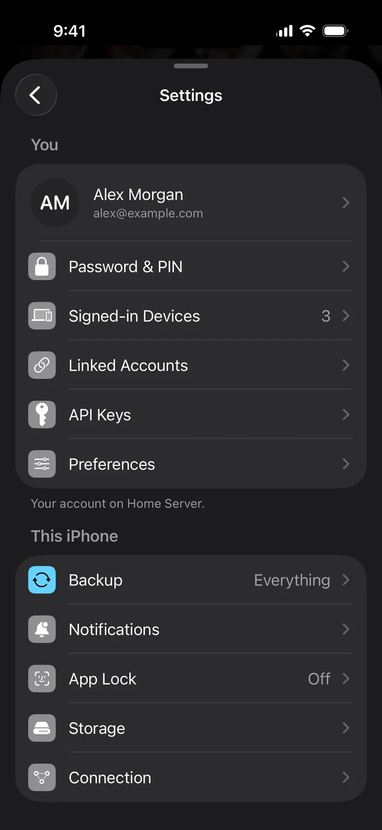 Server connection settings on iPhone