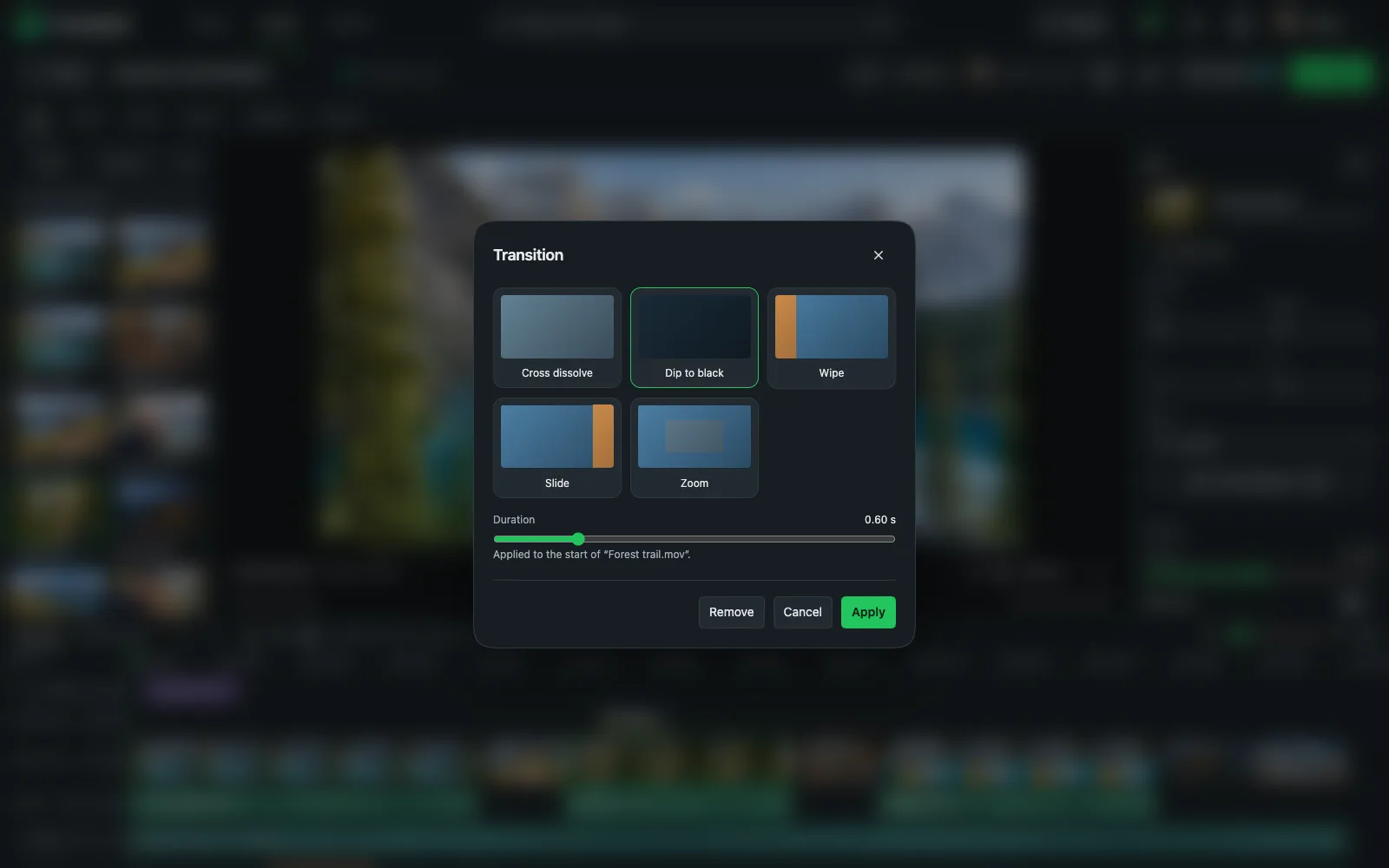 Transition picker with cross dissolve, dip to black, wipe, slide and zoom