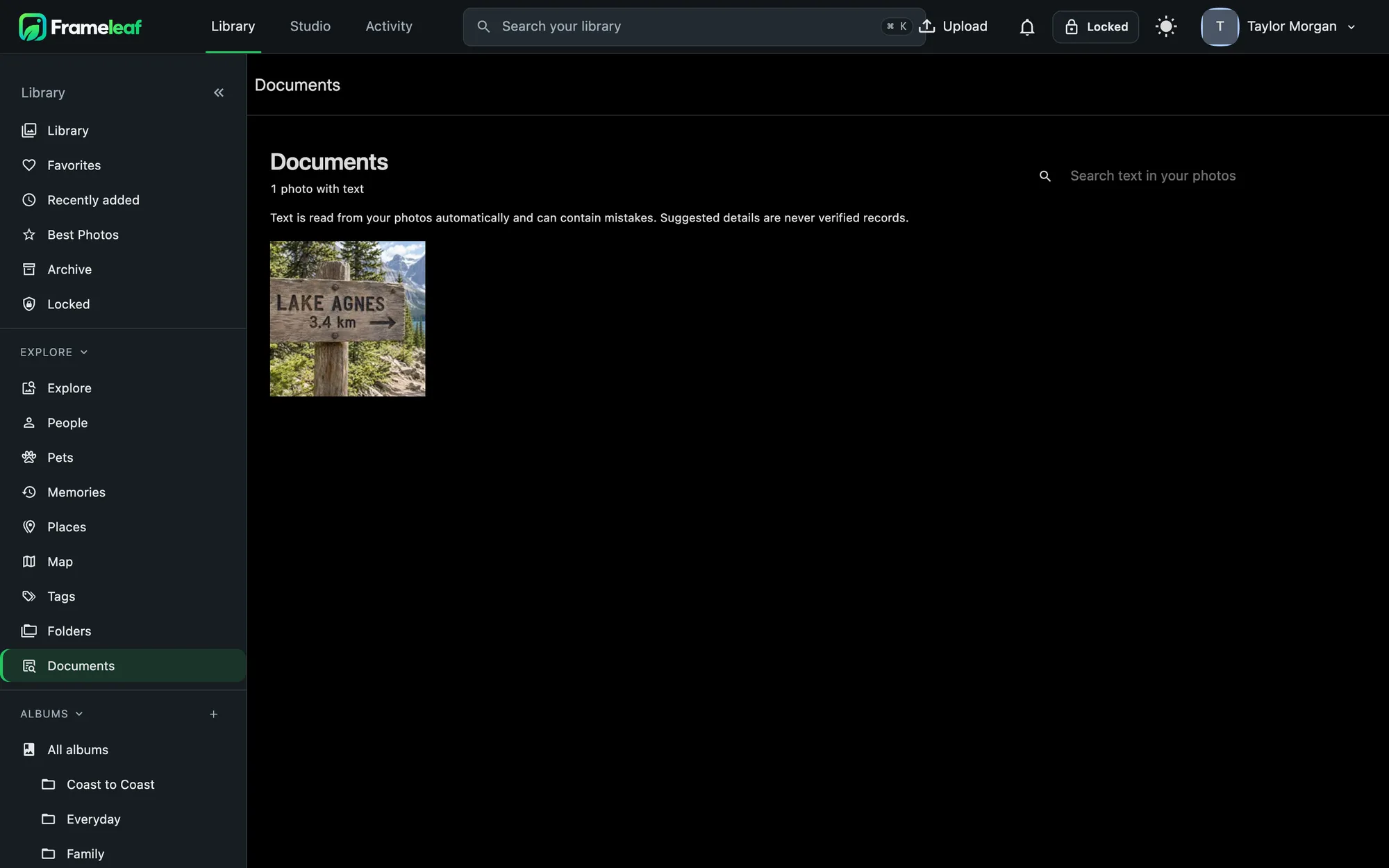 Documents page with text read from photos