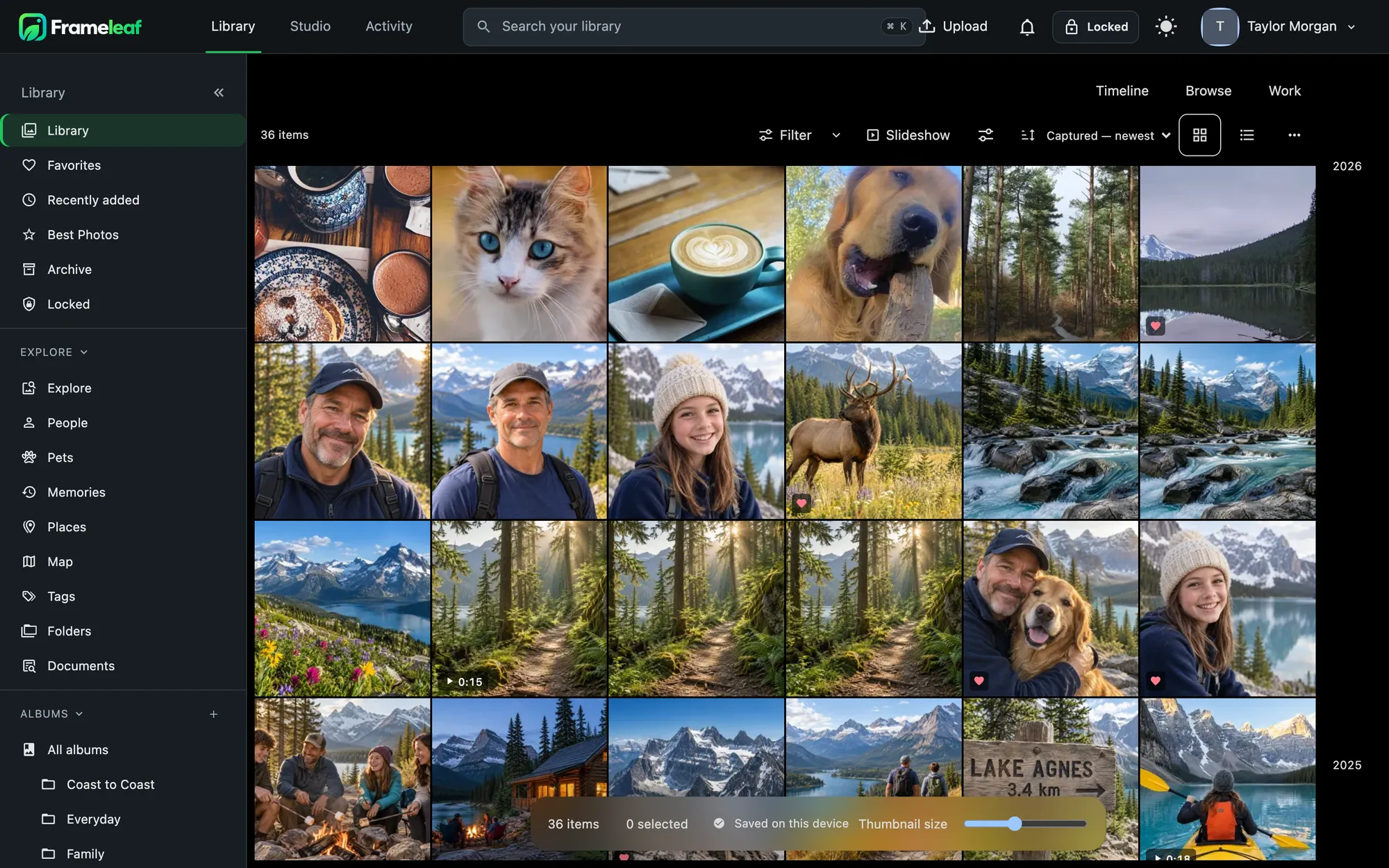 The Frameleaf web app showing an album grid
