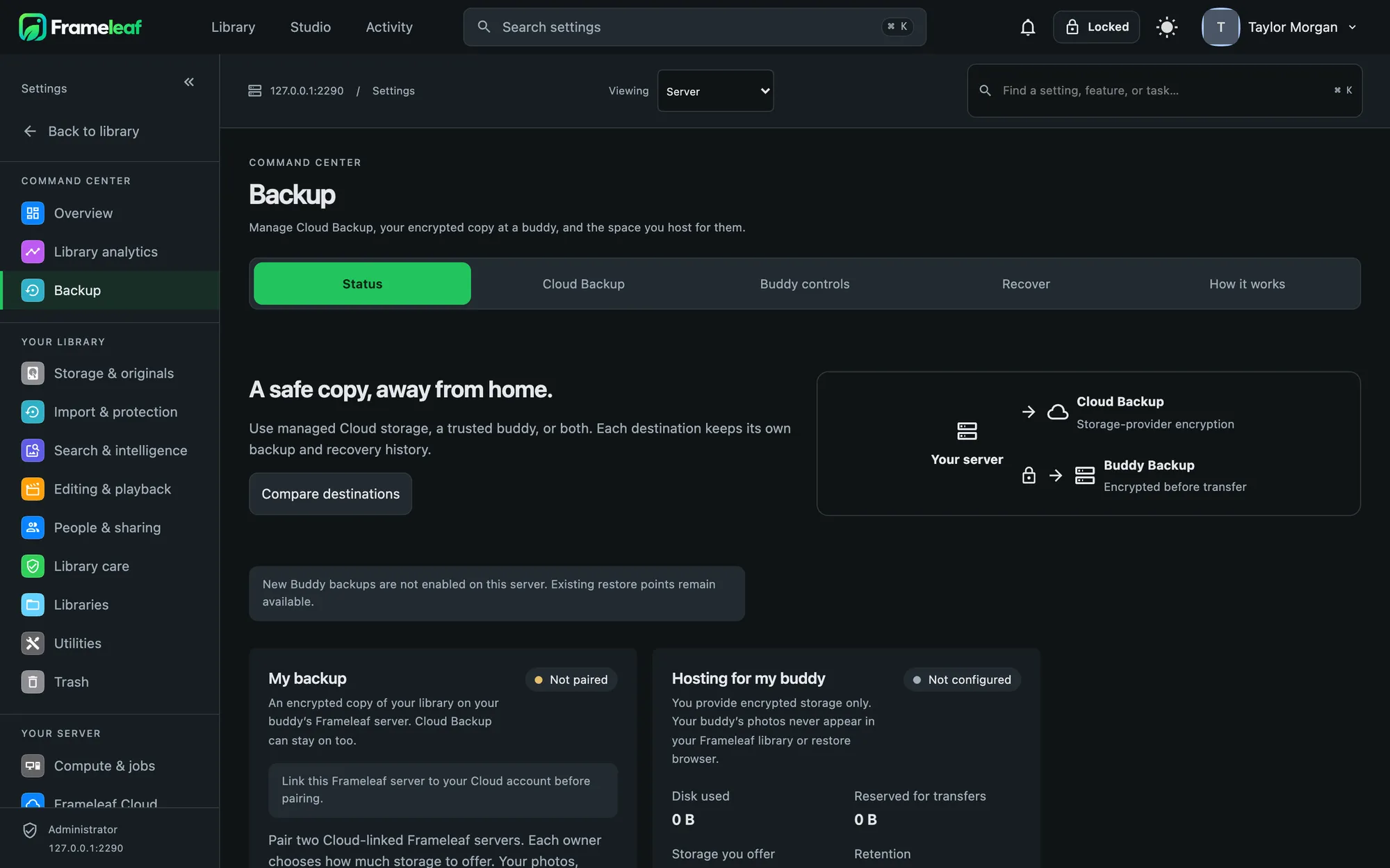 The Backup Command Center on a Frameleaf server